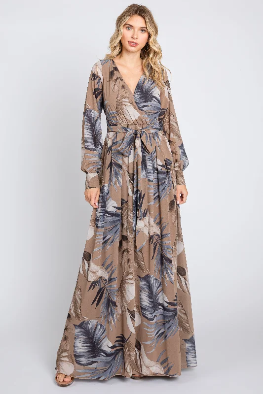 Cool Prices Taupe Palm Print Chiffon Wrap Front V-Neck Long Sleeve Maxi Dress