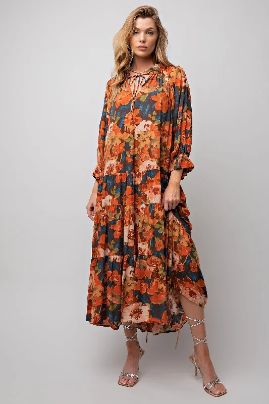 Flash Sales Today Teal Brown Floral Printed Dress