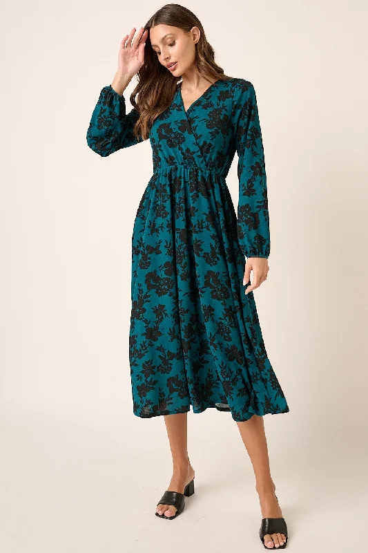 Trendy Threads Teal Flower Print Long Sleeve Surplice Midi Dress