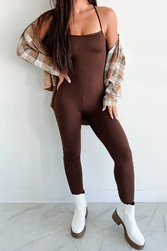 Women Wear Brands Time To Walk Away Lace-Up Back Jumpsuit (Coffee)