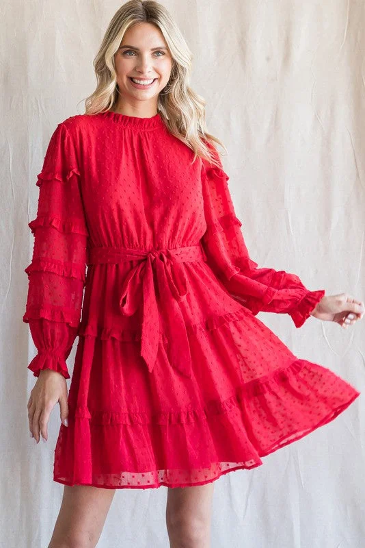 Hot Deals Tomato Red Swiss Dot Frilled Layer Dress