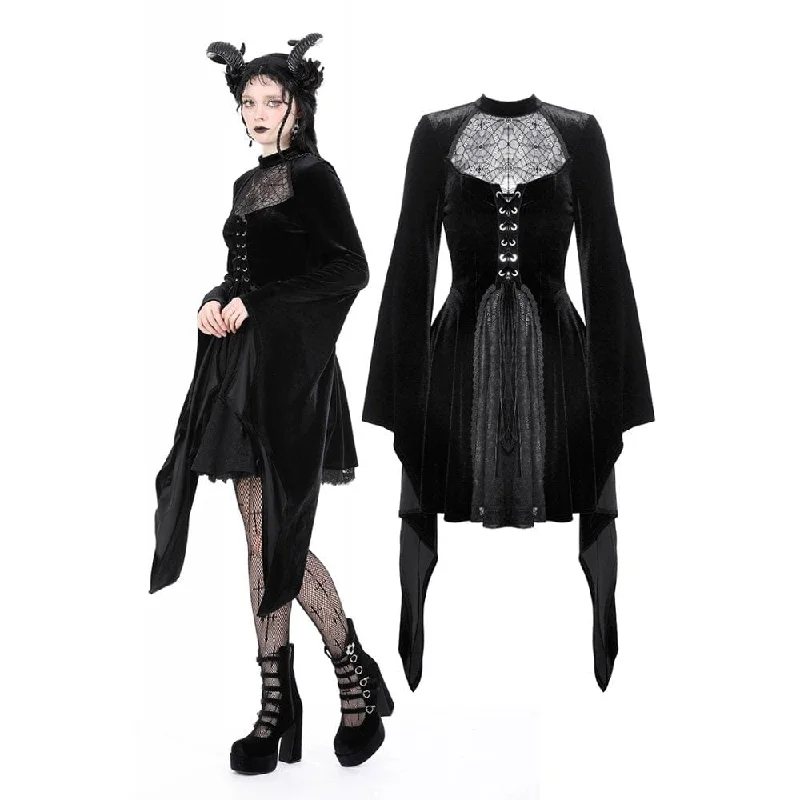 Limited Styles Women's Gothic Flared Sleeved Spider Mesh Splice Velvet Wedding Dress