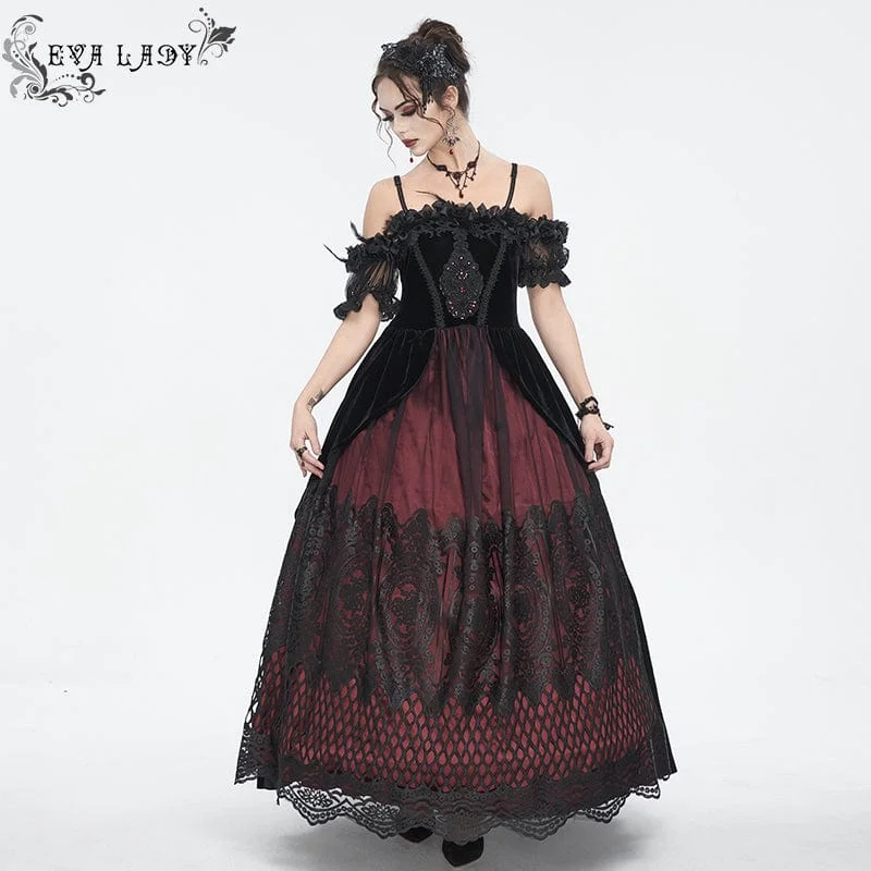 Fashion Deal Women's Gothic Off Shoulder Rose Beaded Velvet Red Dress